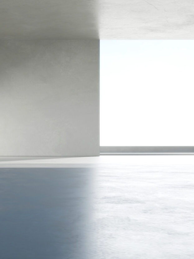 Interior minimalista com grandes janelas e luz natural em tons neutros. Espaço aberto moderno e elegante.