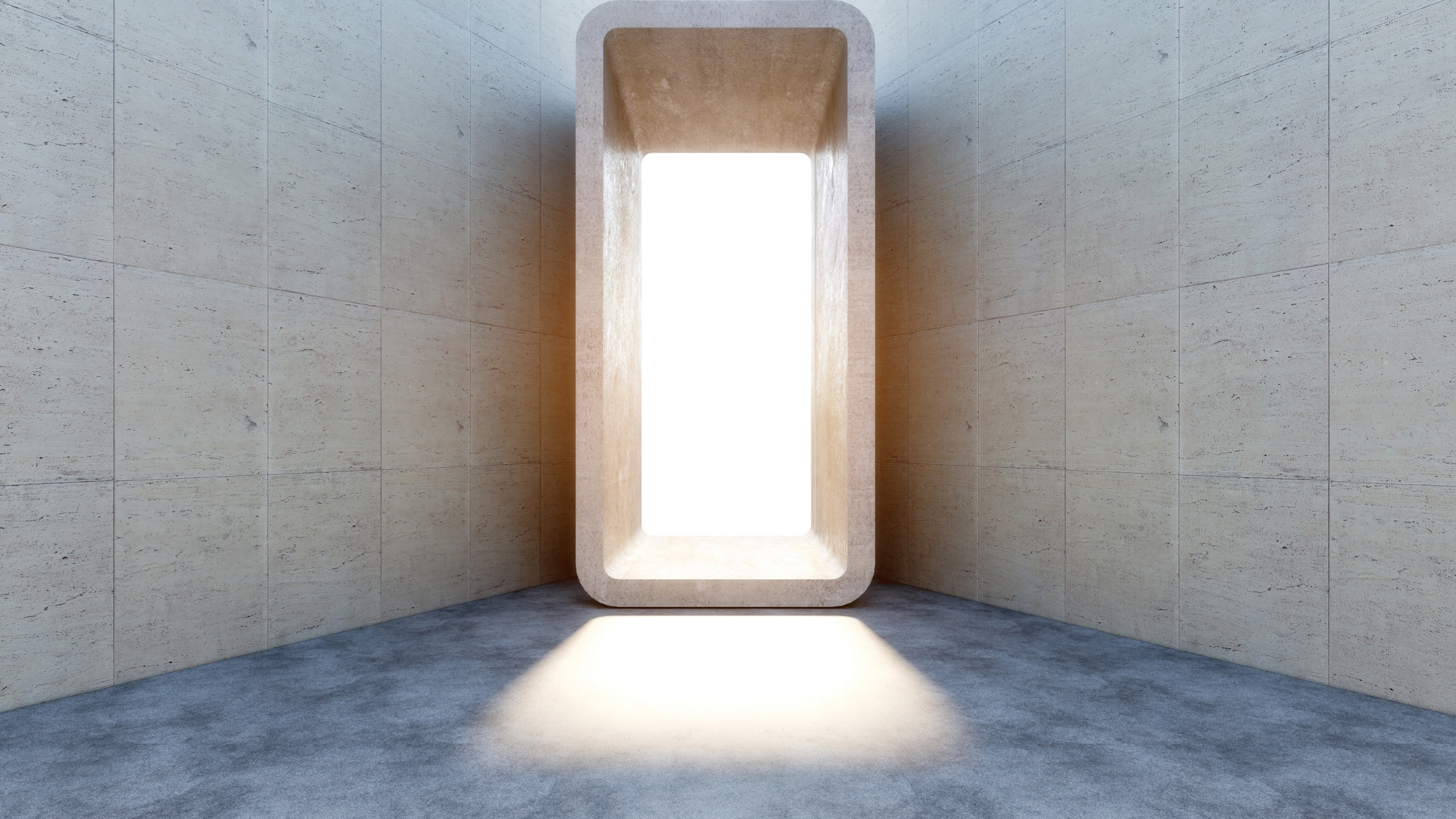 Sala minimalista com abertura retangular de luz intensa ao centro, paredes de pedra e piso cinzento polido.